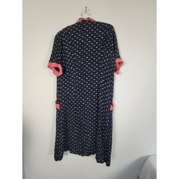 Vintage Martha Egan Button-Front Shirt Dress Medium Navy Printed Short Sleeve - Picture 2 of 8